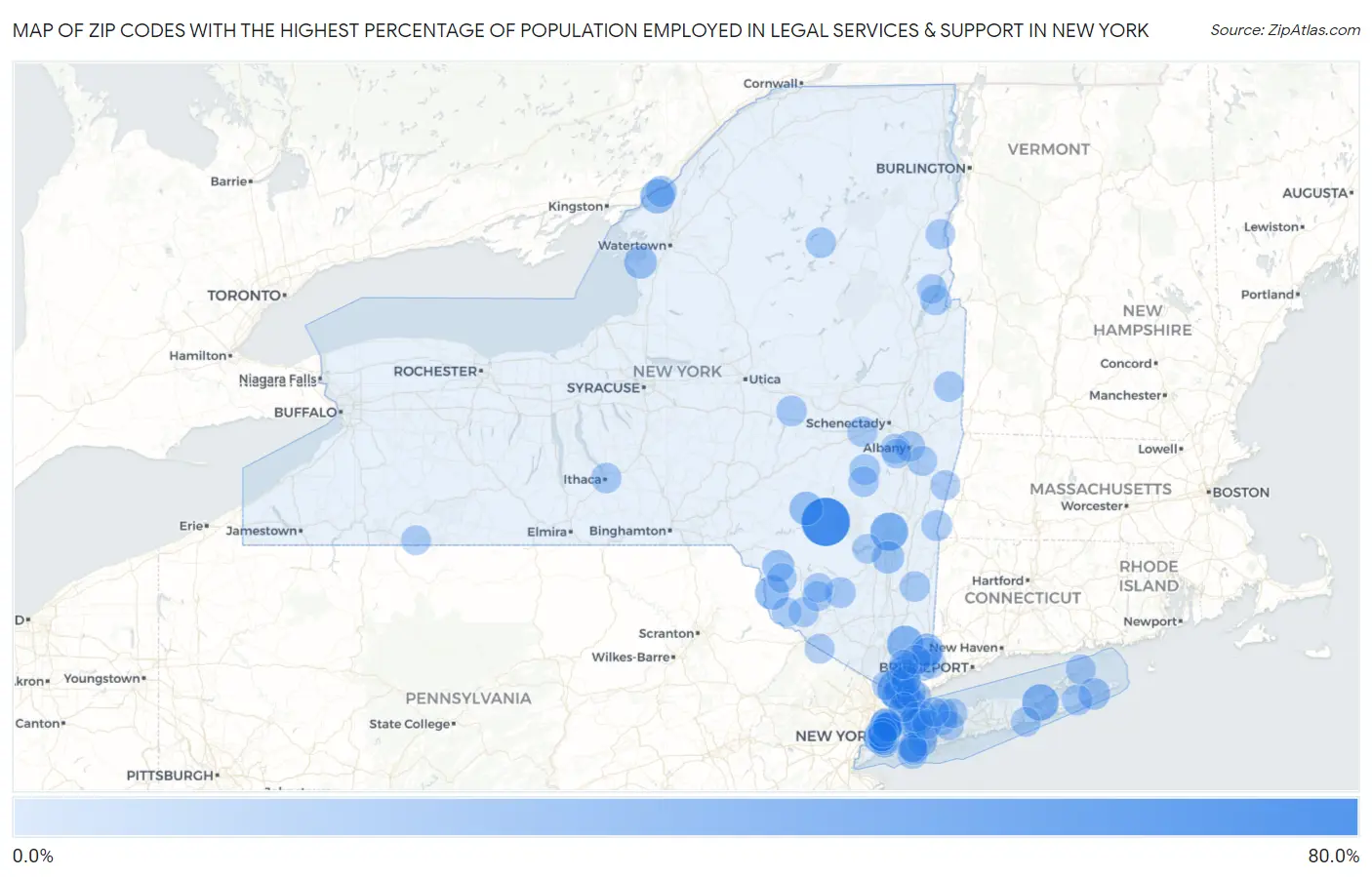 Zip Codes with the Highest Percentage of Population Employed in Legal Services & Support in New York Map
