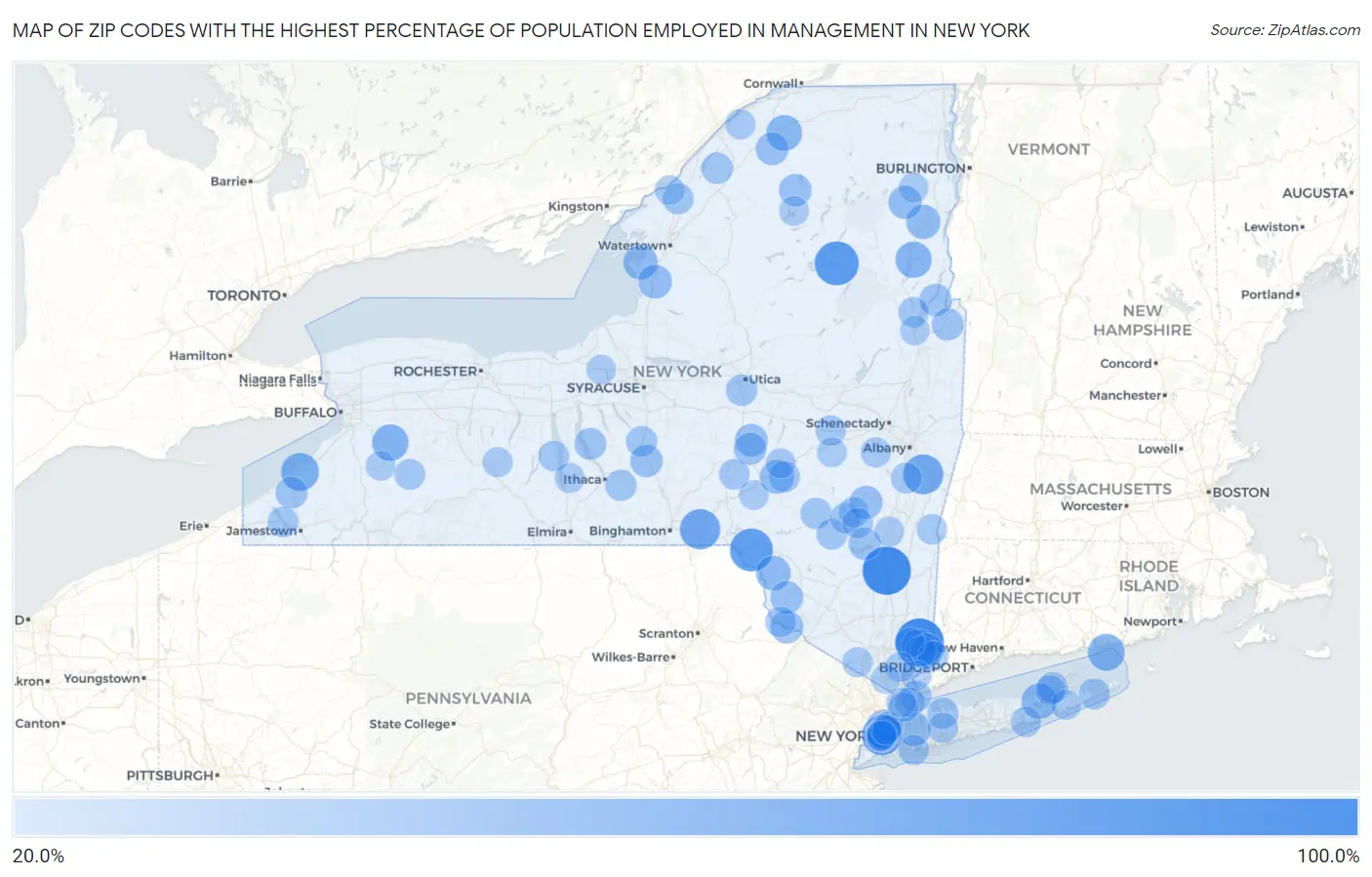 Zip Codes with the Highest Percentage of Population Employed in Management in New York Map