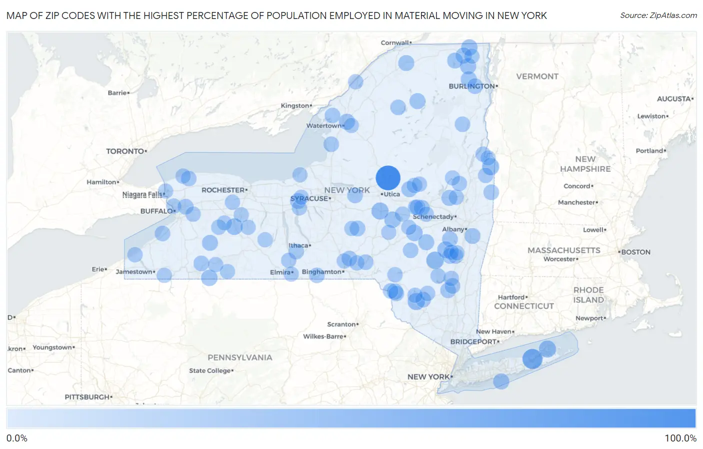 Zip Codes with the Highest Percentage of Population Employed in Material Moving in New York Map