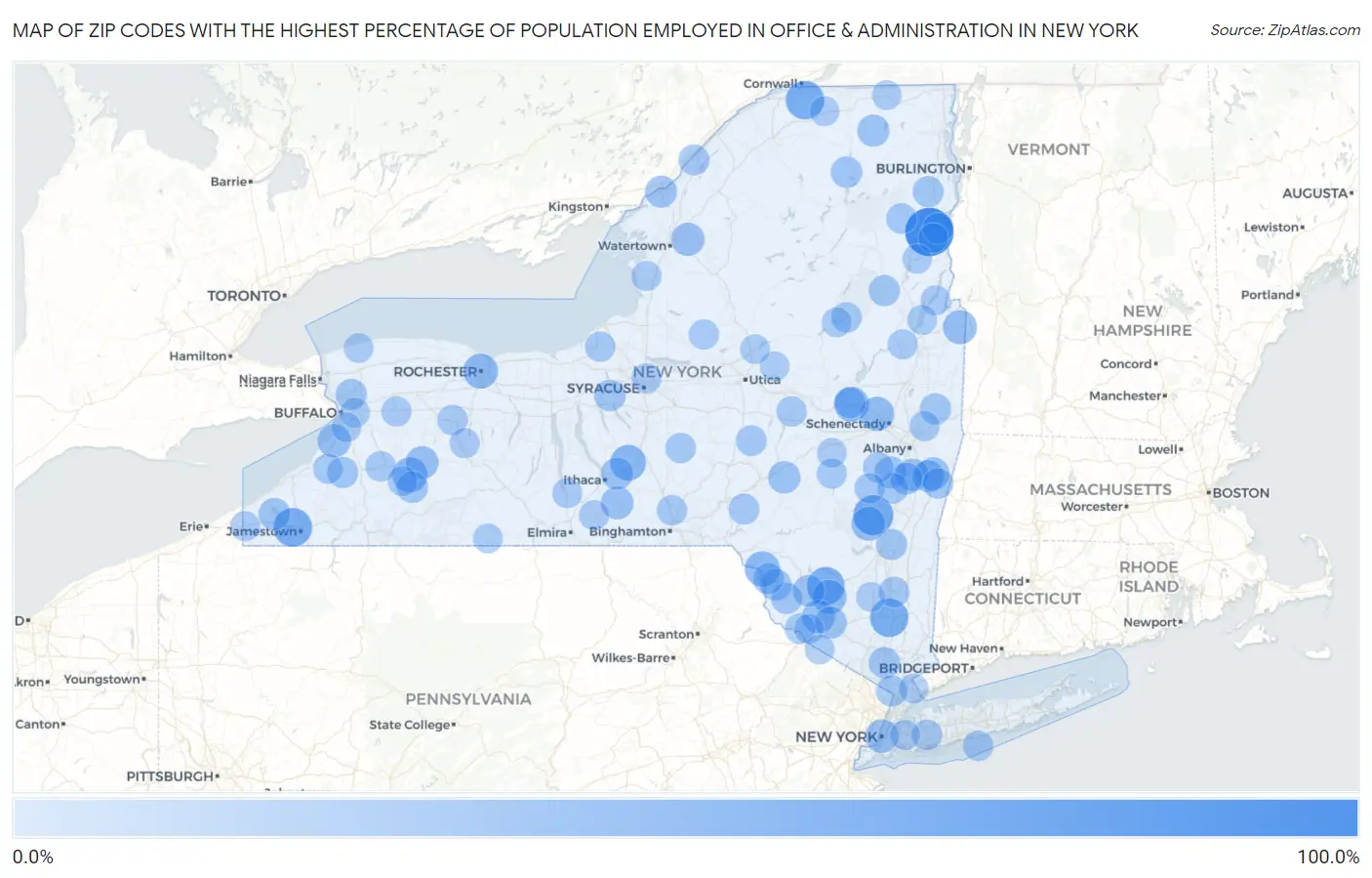 Zip Codes with the Highest Percentage of Population Employed in Office & Administration in New York Map