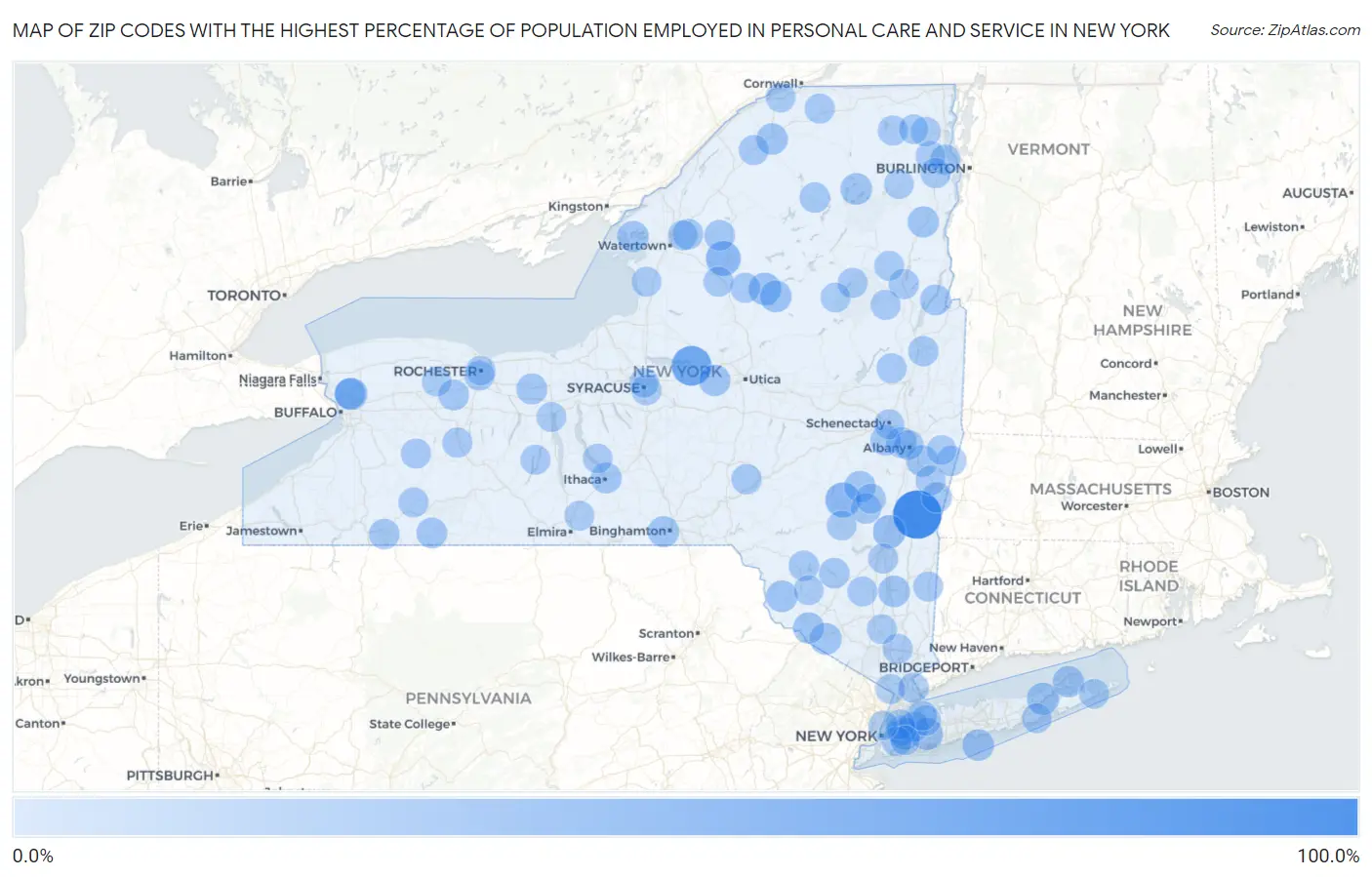 Zip Codes with the Highest Percentage of Population Employed in Personal Care and Service in New York Map