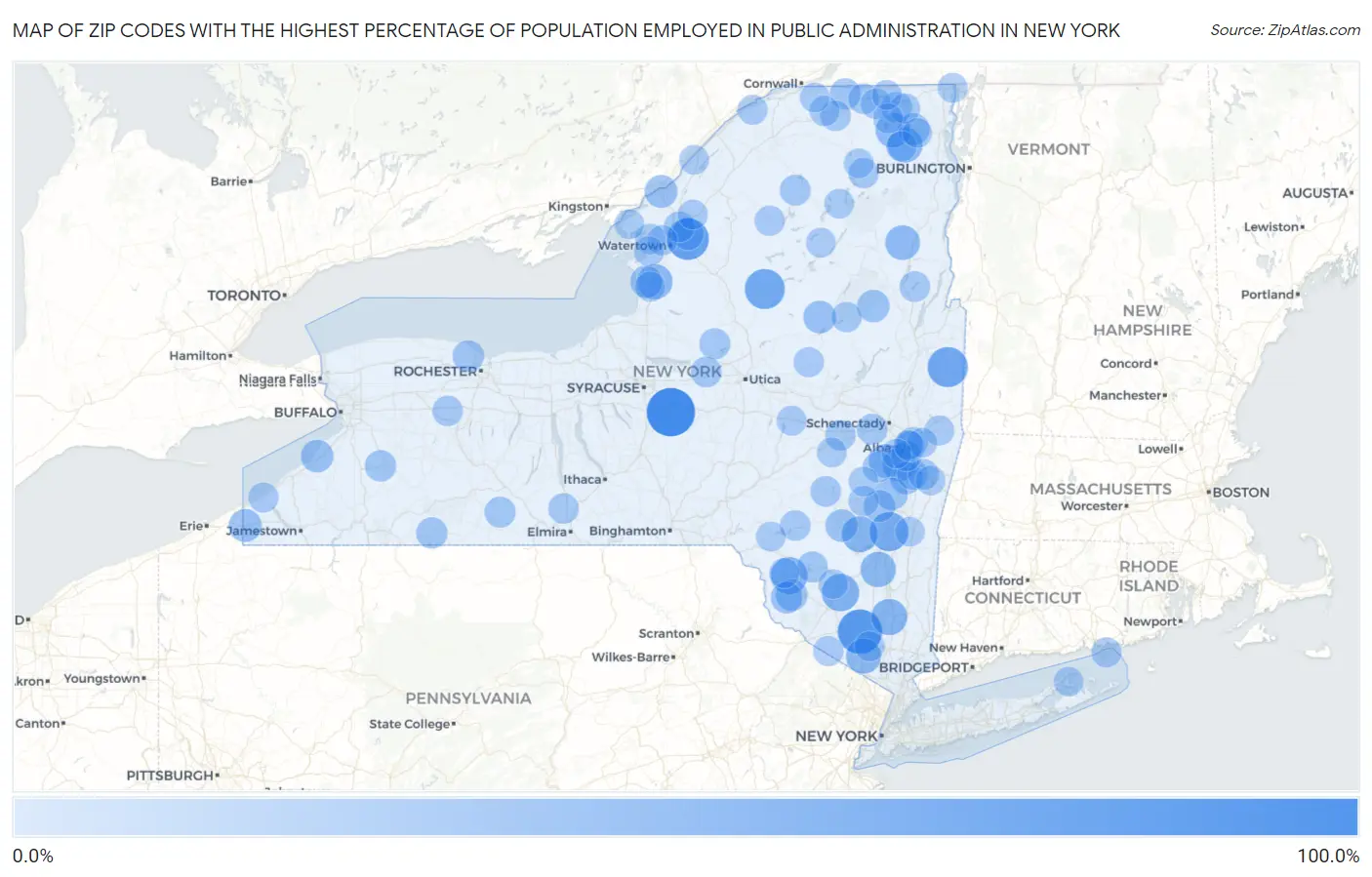 Zip Codes with the Highest Percentage of Population Employed in Public Administration in New York Map