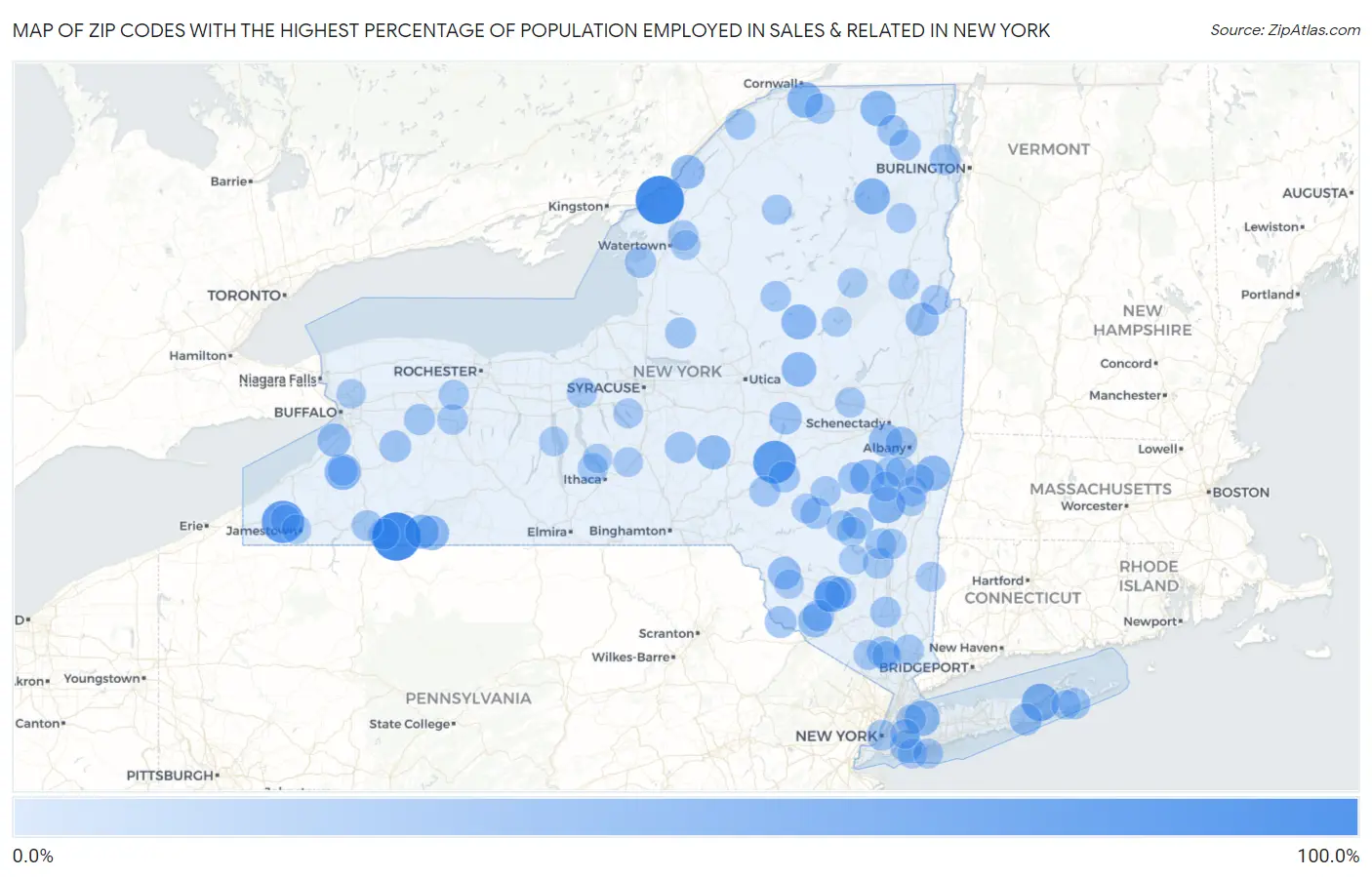 Zip Codes with the Highest Percentage of Population Employed in Sales & Related in New York Map