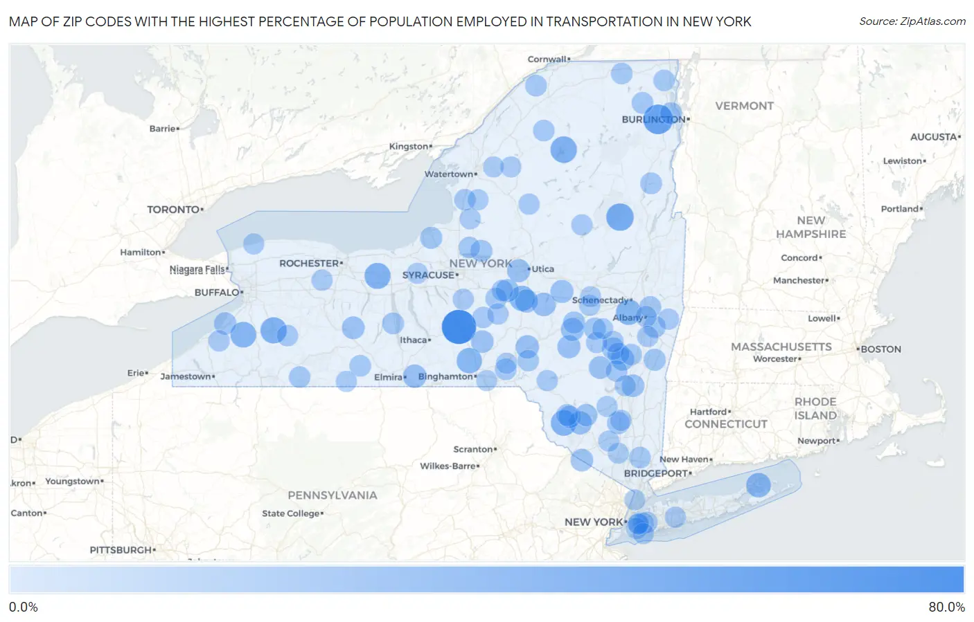 Zip Codes with the Highest Percentage of Population Employed in Transportation in New York Map