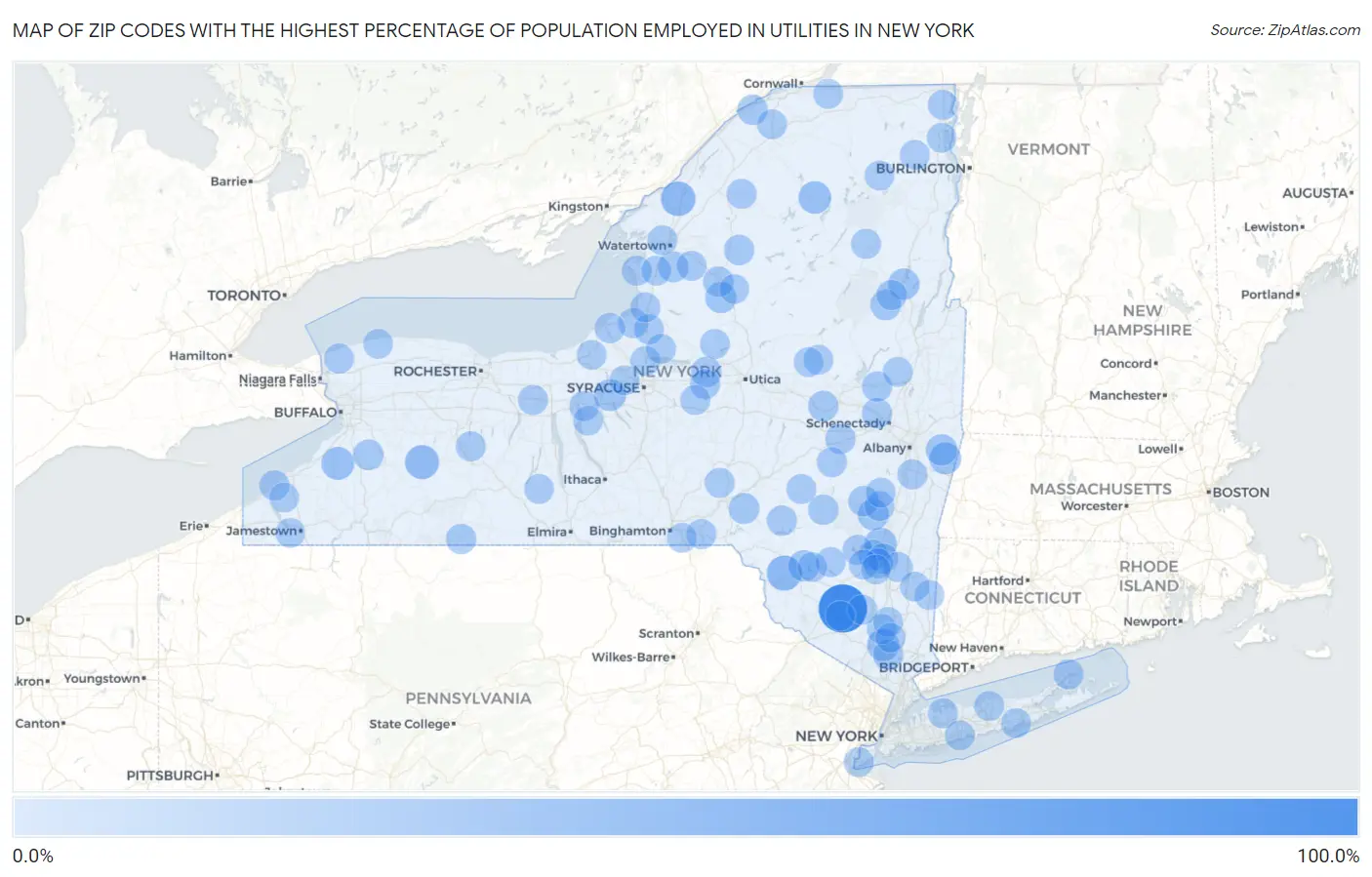 Zip Codes with the Highest Percentage of Population Employed in Utilities in New York Map