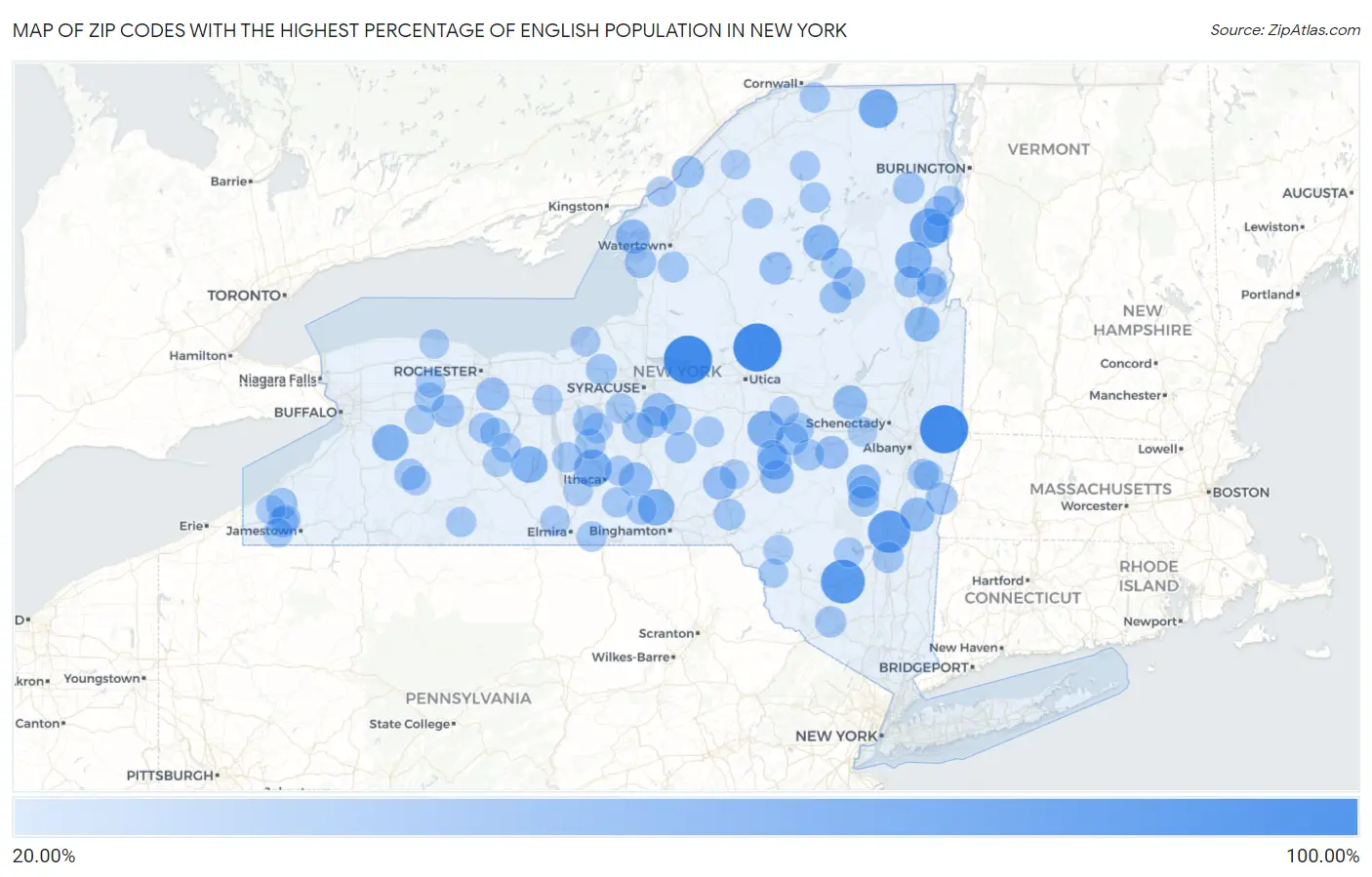 Zip Codes with the Highest Percentage of English Population in New York Map
