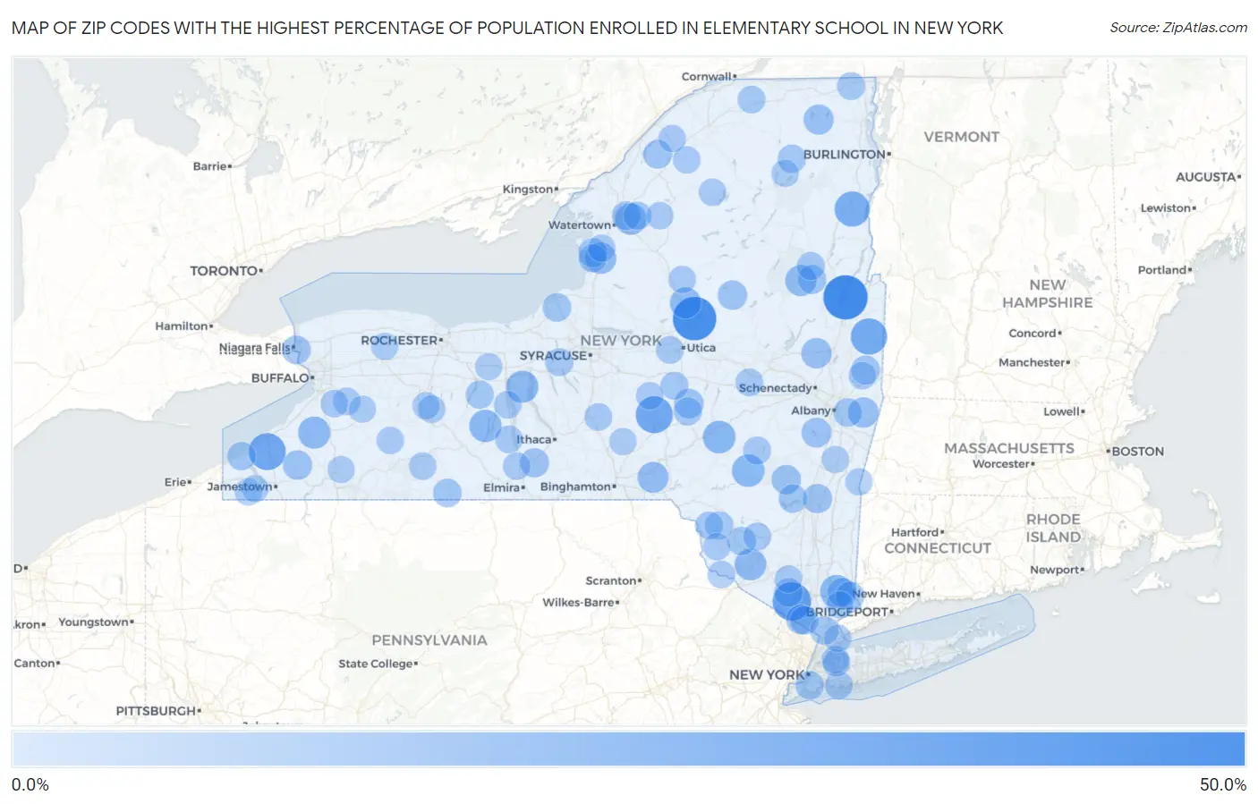 Zip Codes with the Highest Percentage of Population Enrolled in Elementary School in New York Map