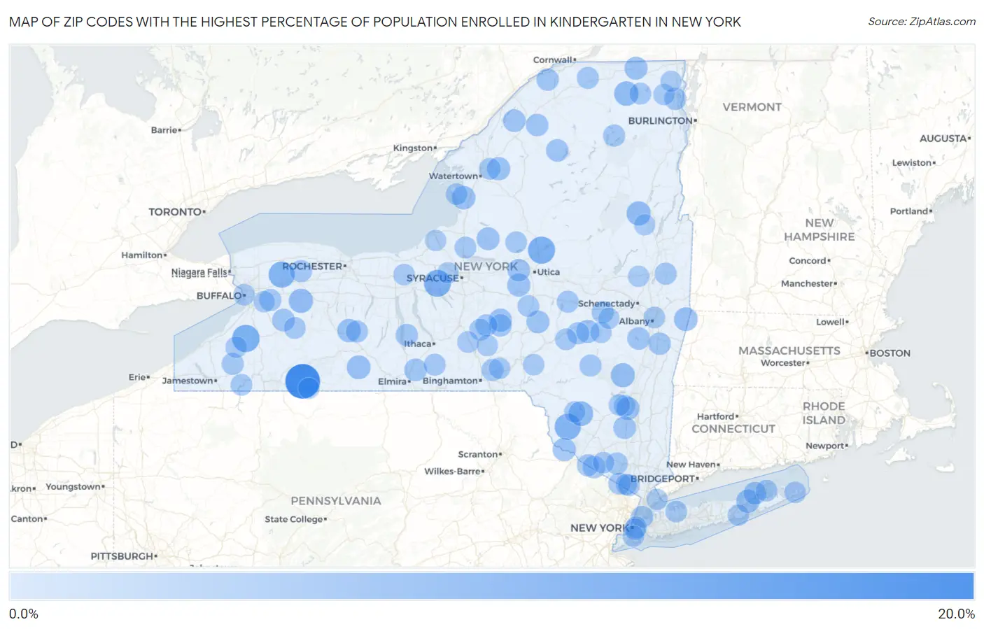 Zip Codes with the Highest Percentage of Population Enrolled in Kindergarten in New York Map