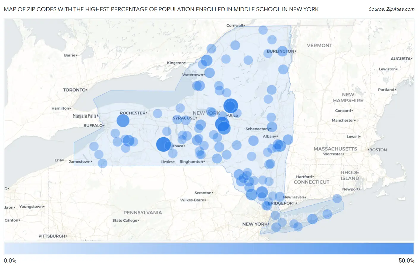 Zip Codes with the Highest Percentage of Population Enrolled in Middle School in New York Map
