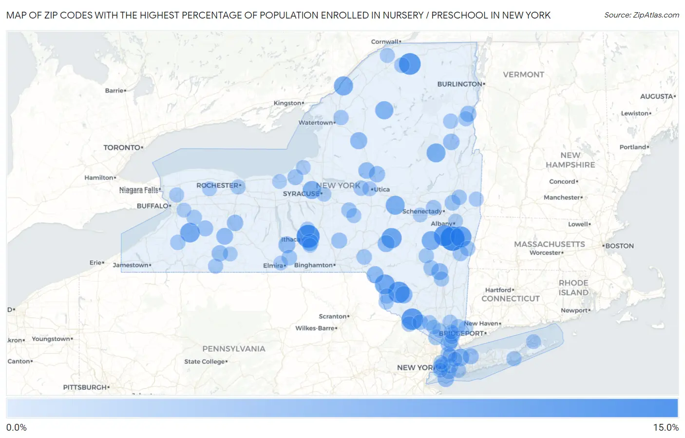 Zip Codes with the Highest Percentage of Population Enrolled in Nursery / Preschool in New York Map