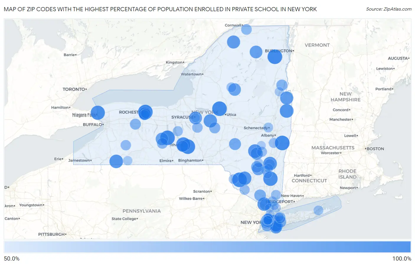 Zip Codes with the Highest Percentage of Population Enrolled in Private School in New York Map