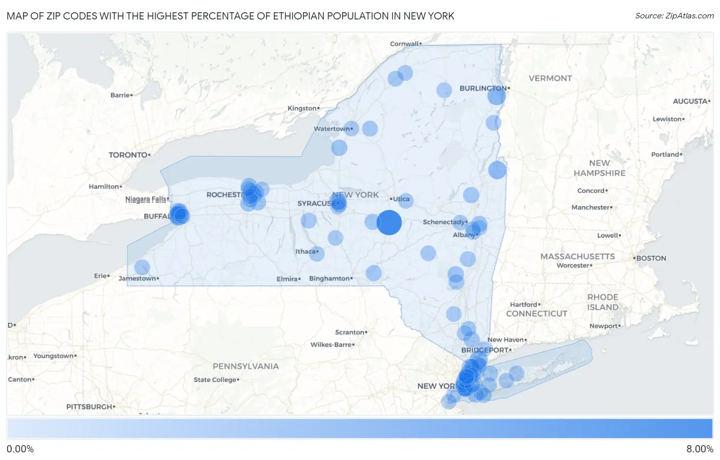 Zip Codes with the Highest Percentage of Ethiopian Population in New York Map