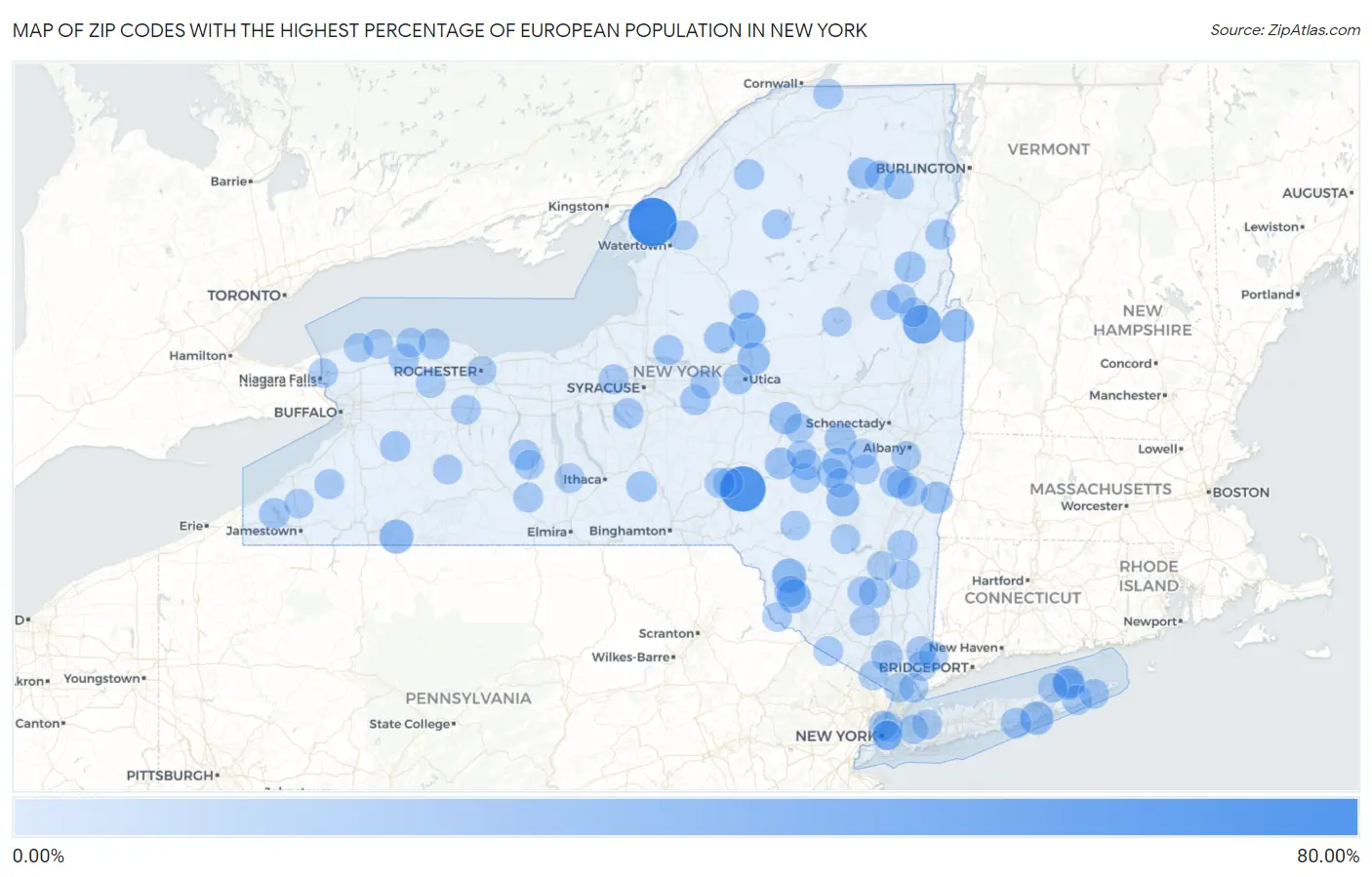 Zip Codes with the Highest Percentage of European Population in New York Map
