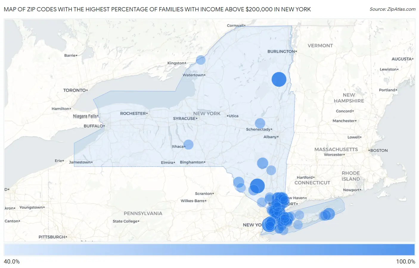 Zip Codes with the Highest Percentage of Families with Income Above $200,000 in New York Map
