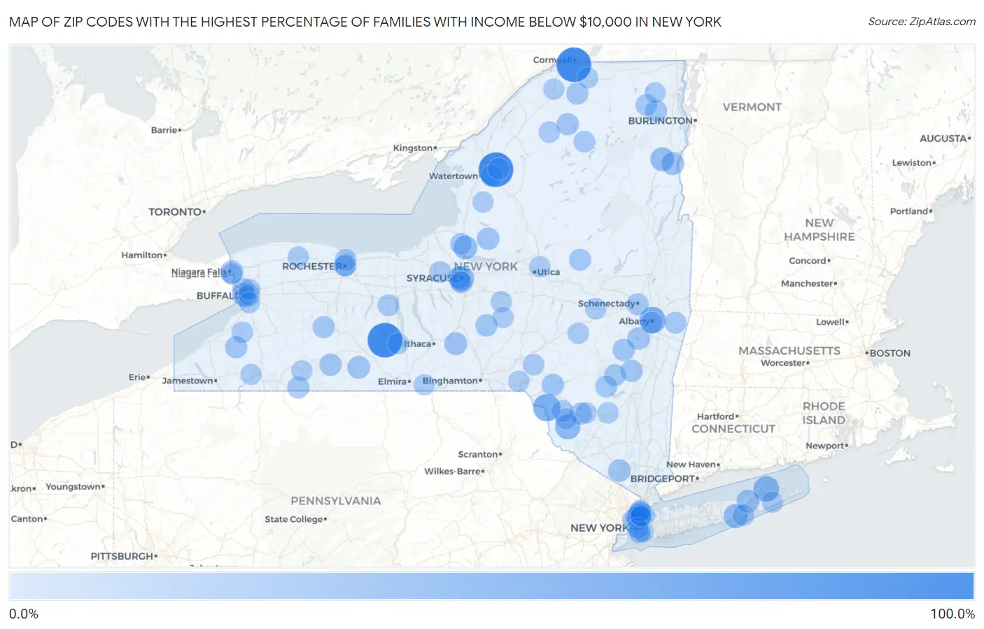 Zip Codes with the Highest Percentage of Families with Income Below $10,000 in New York Map