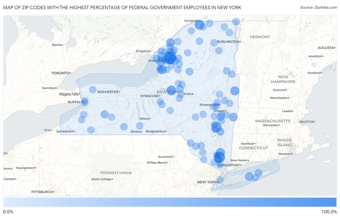 Zip Codes with the Highest Percentage of Federal Government Employees in New York Map