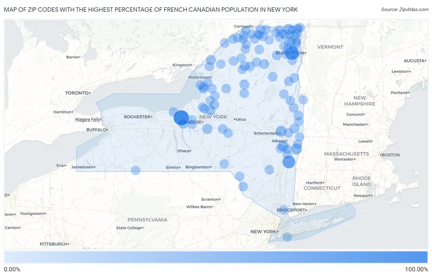 Zip Codes with the Highest Percentage of French Canadian Population in New York Map