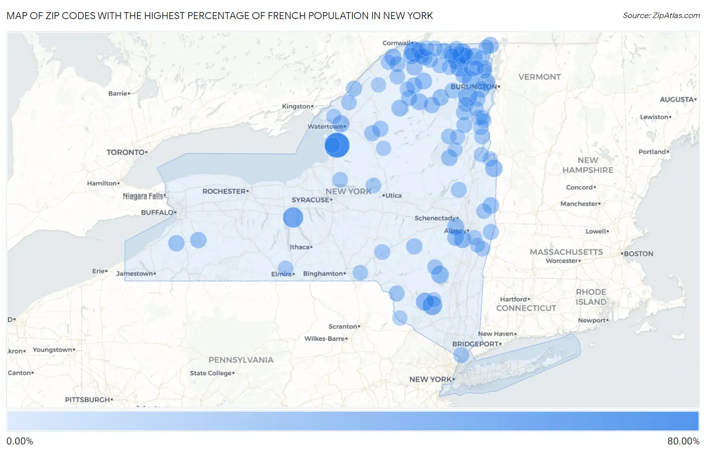 Zip Codes with the Highest Percentage of French Population in New York Map