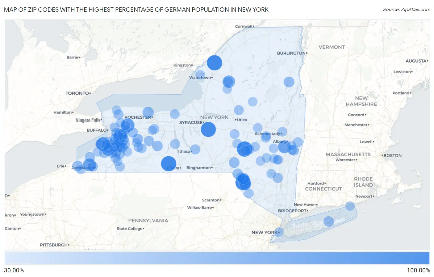 Zip Codes with the Highest Percentage of German Population in New York Map