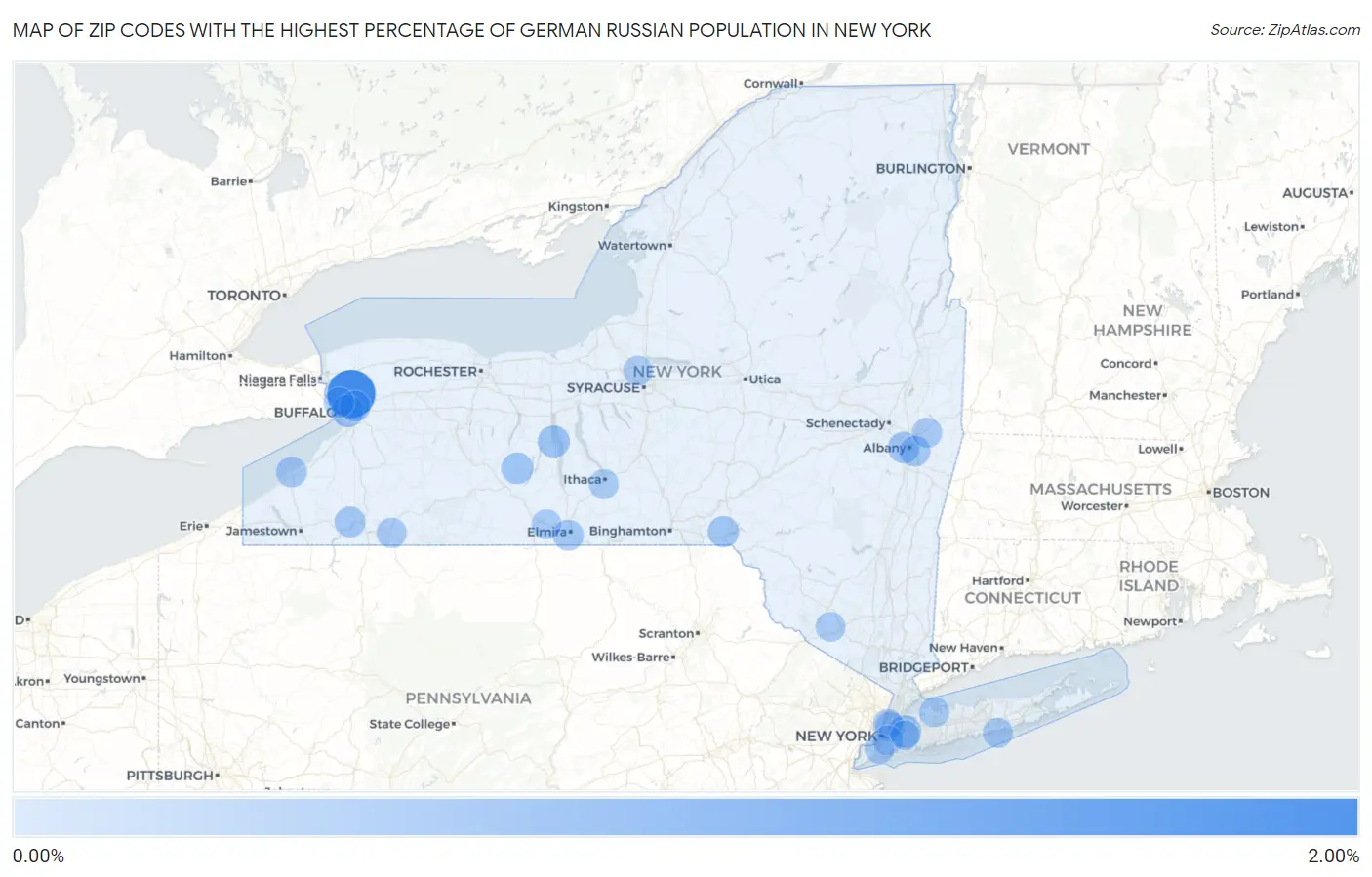 Zip Codes with the Highest Percentage of German Russian Population in New York Map