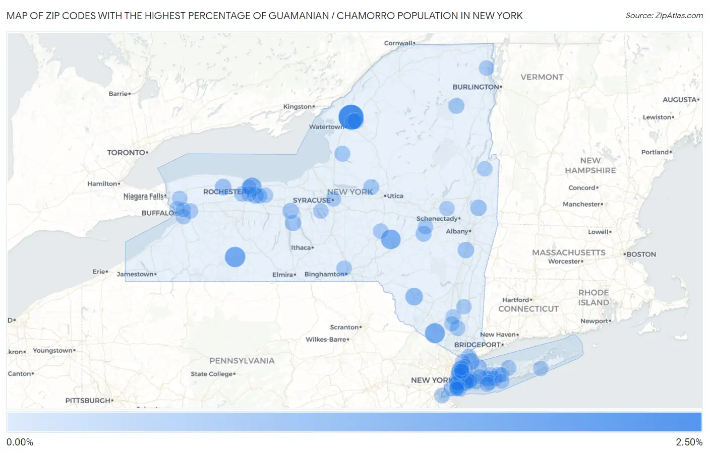 Zip Codes with the Highest Percentage of Guamanian / Chamorro Population in New York Map