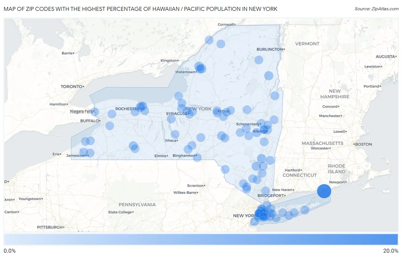 Zip Codes with the Highest Percentage of Hawaiian / Pacific Population in New York Map
