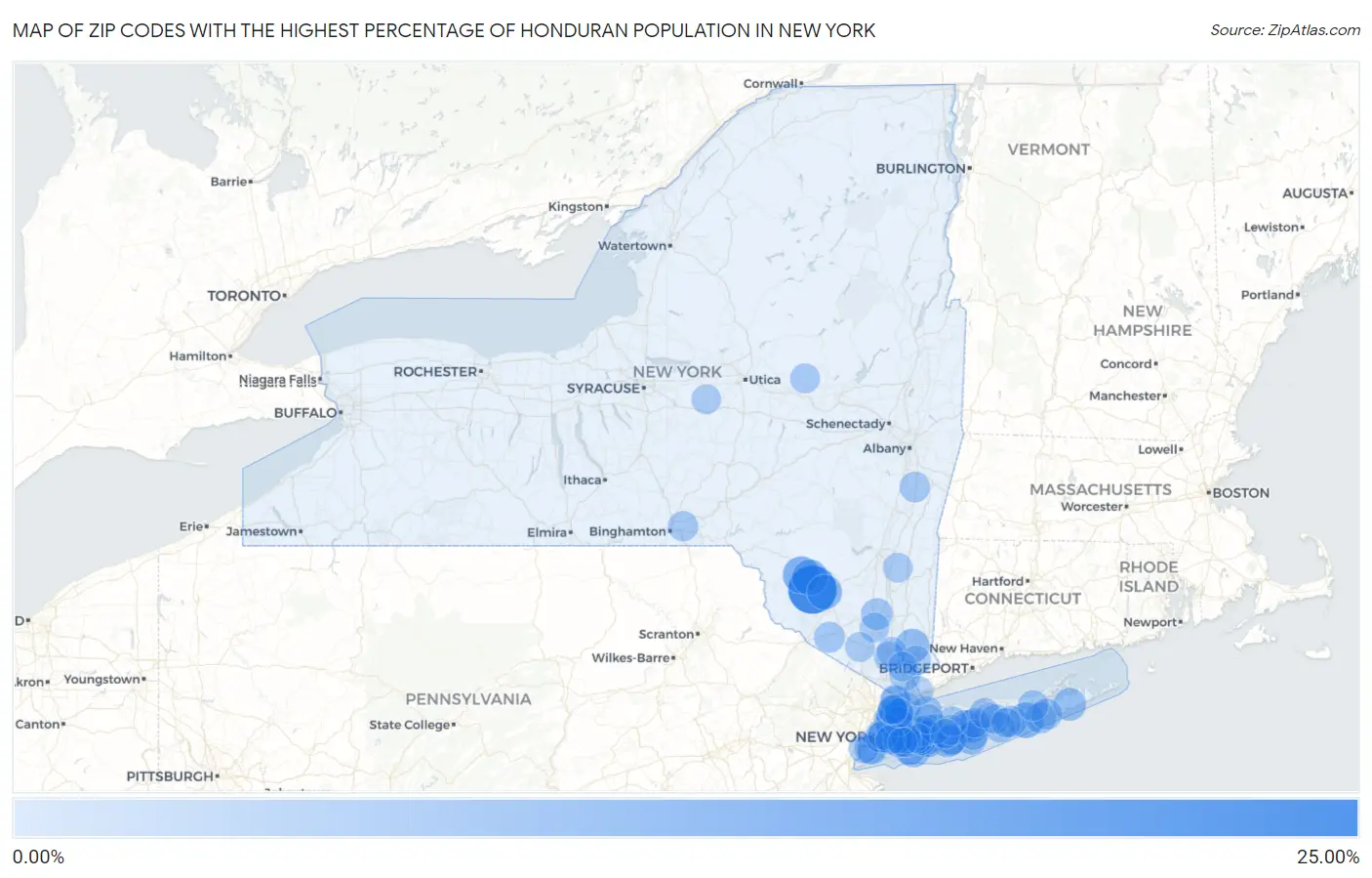 Zip Codes with the Highest Percentage of Honduran Population in New York Map