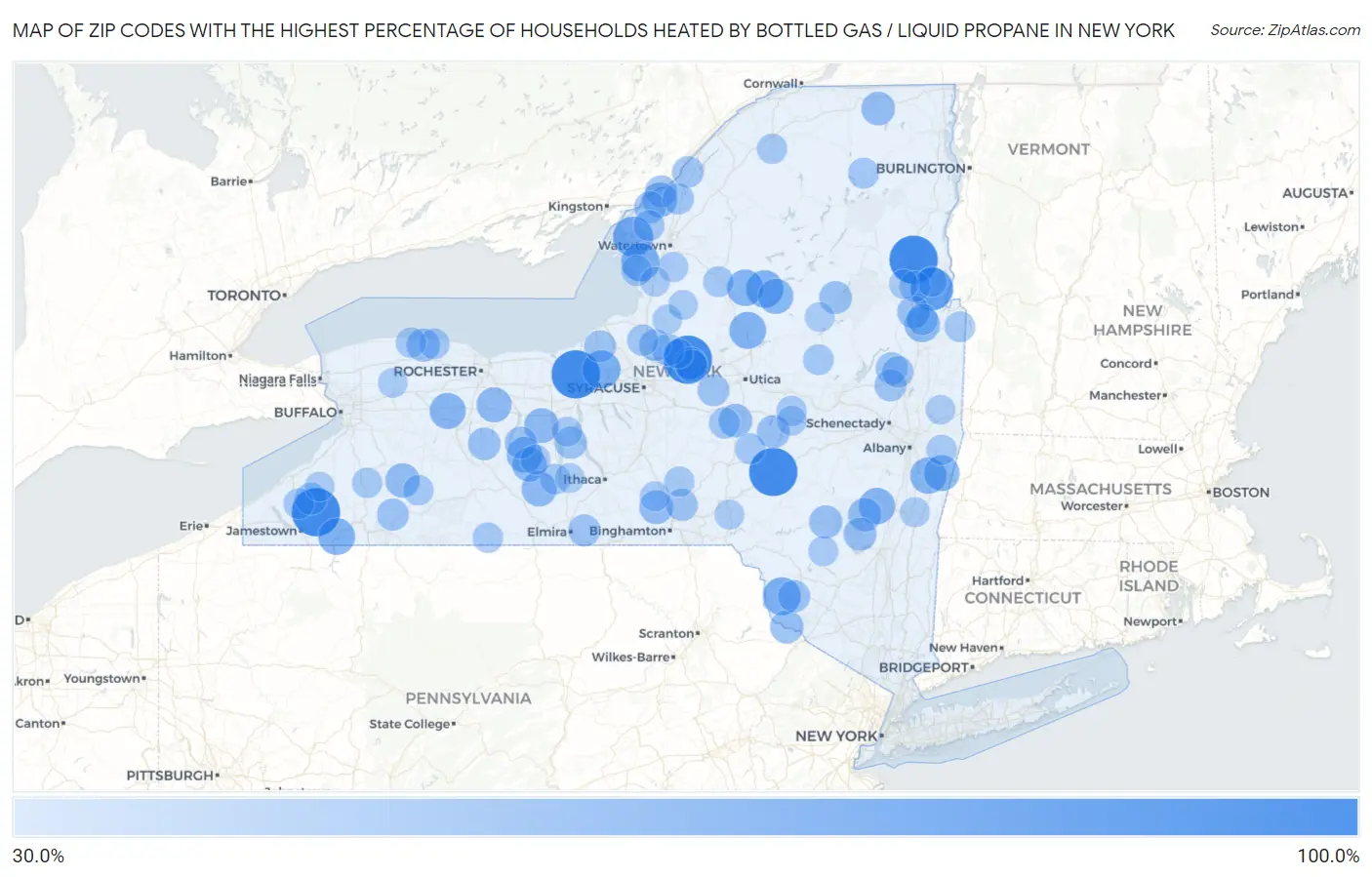 Zip Codes with the Highest Percentage of Households Heated by Bottled Gas / Liquid Propane in New York Map