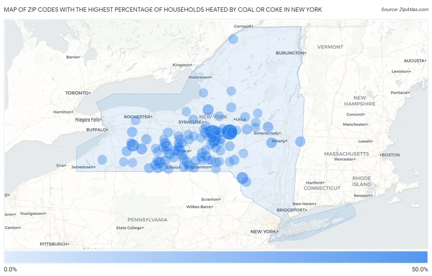 Zip Codes with the Highest Percentage of Households Heated by Coal or Coke in New York Map