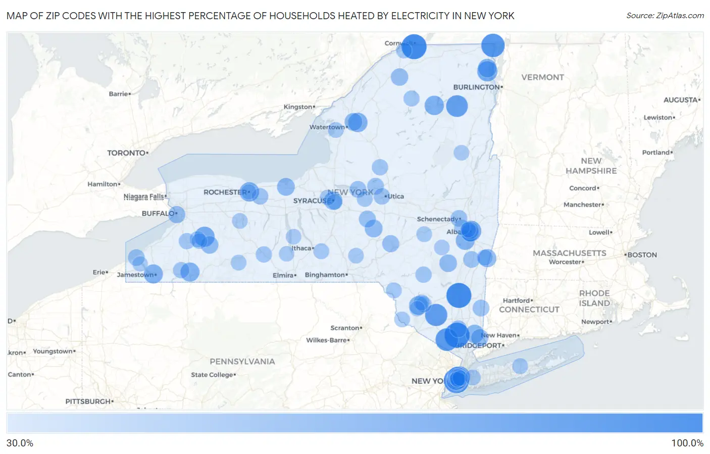 Zip Codes with the Highest Percentage of Households Heated by Electricity in New York Map