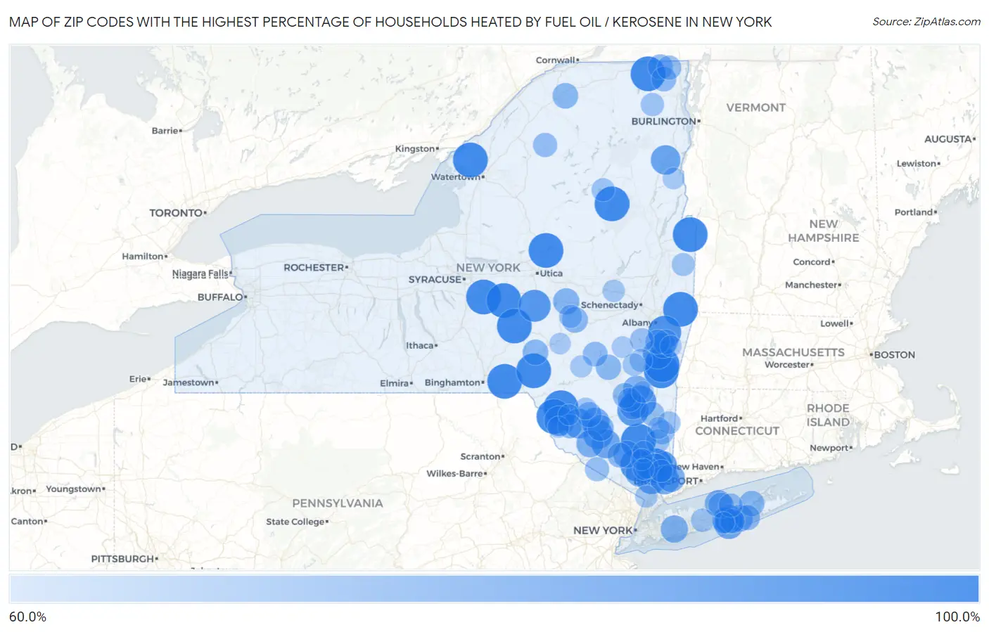 Zip Codes with the Highest Percentage of Households Heated by Fuel Oil / Kerosene in New York Map