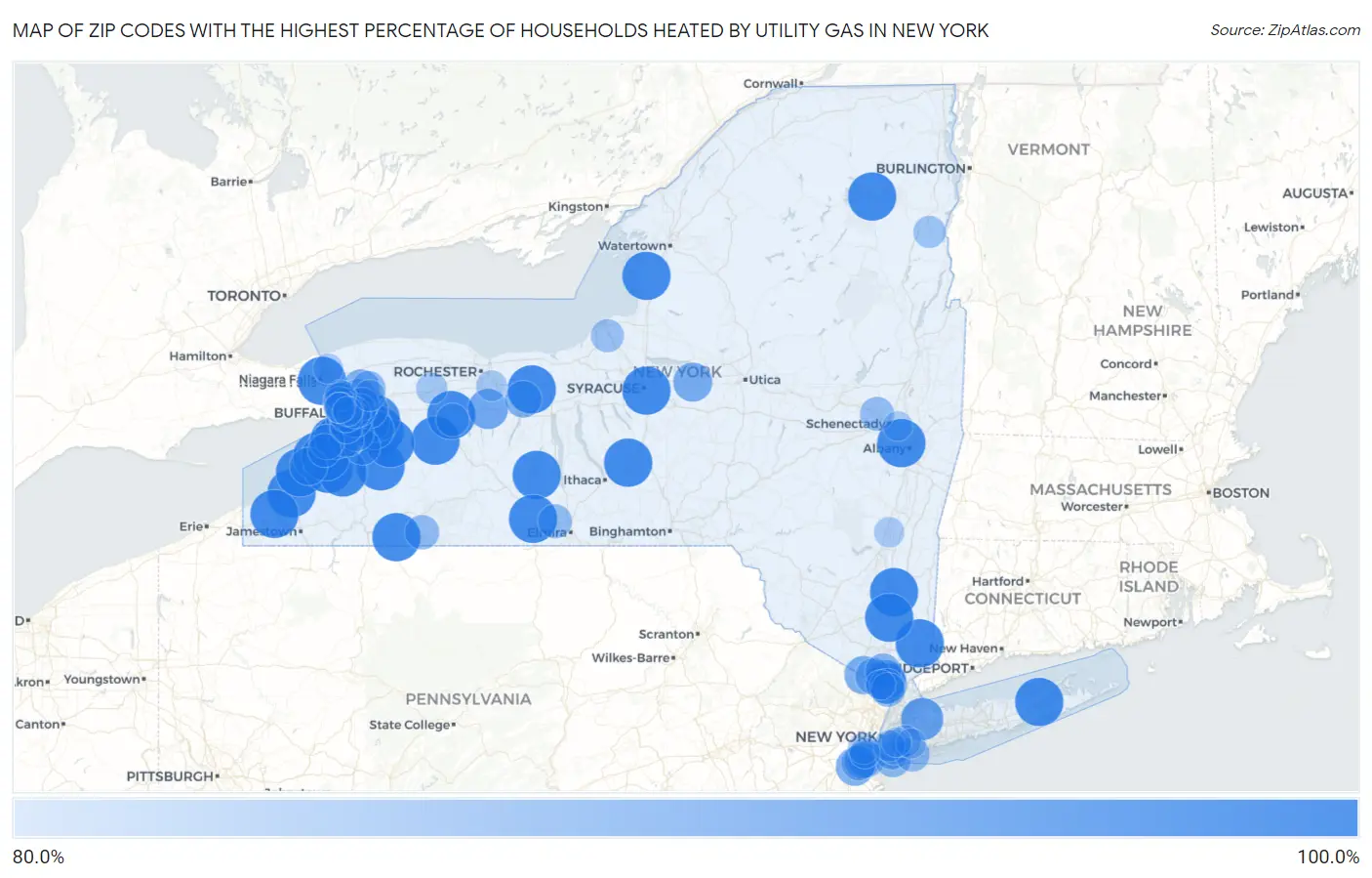 Zip Codes with the Highest Percentage of Households Heated by Utility Gas in New York Map