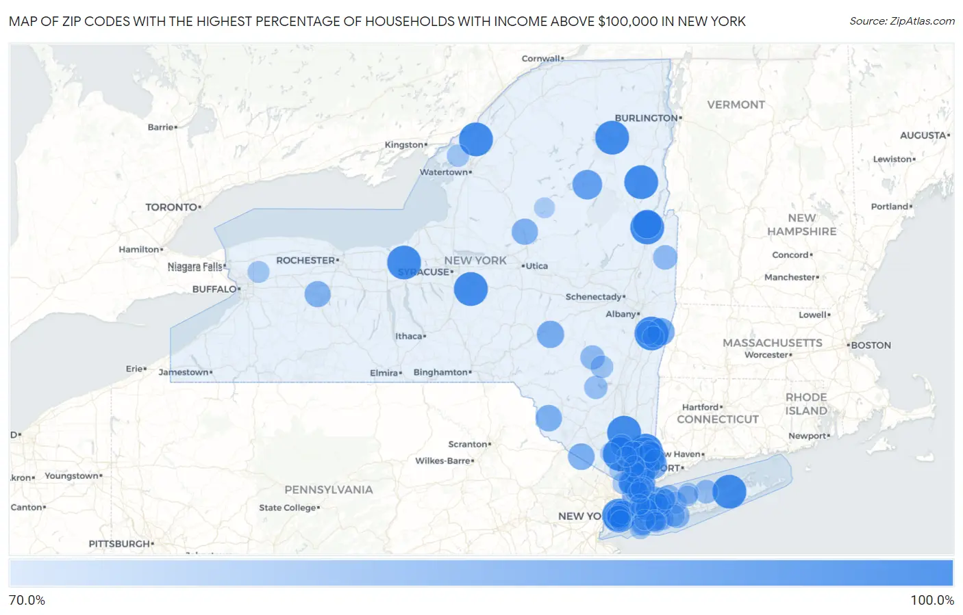 Zip Codes with the Highest Percentage of Households with Income Above $100,000 in New York Map