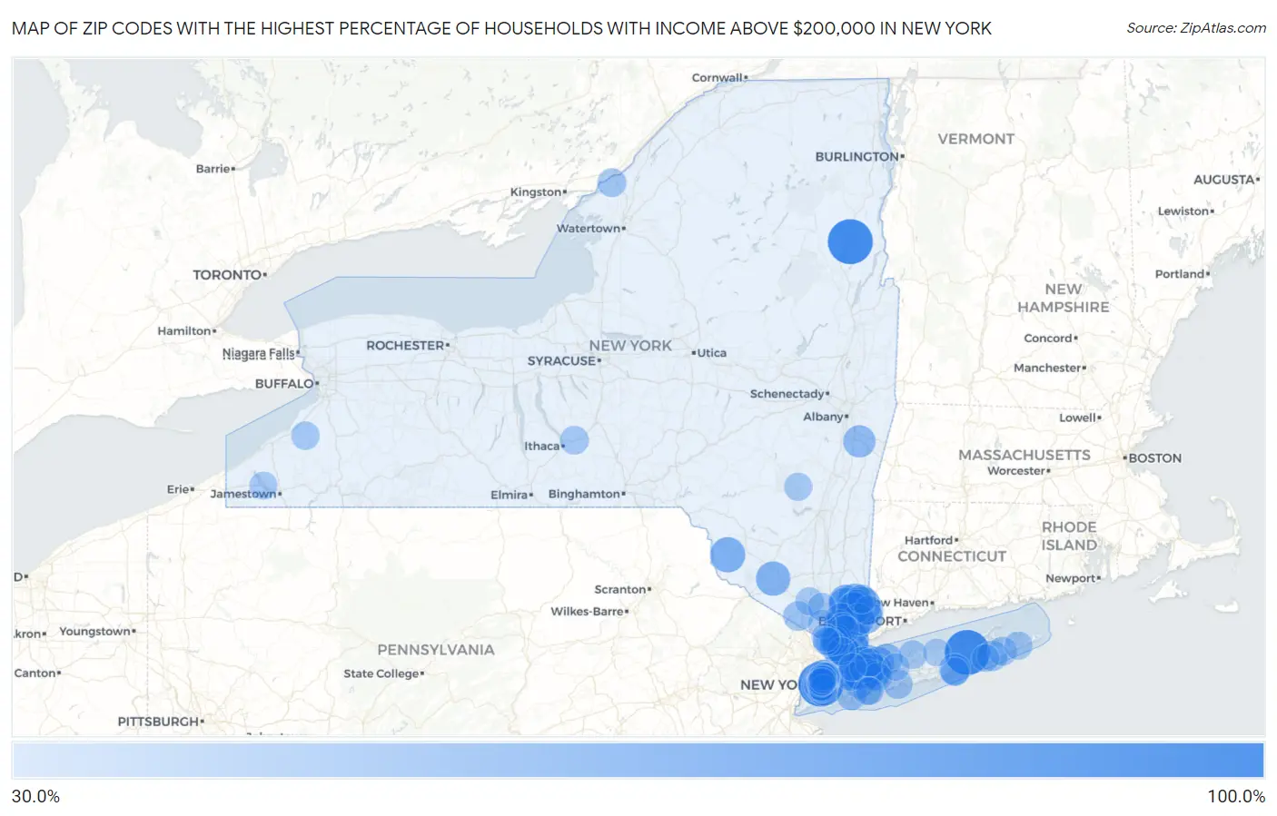 Zip Codes with the Highest Percentage of Households with Income Above $200,000 in New York Map