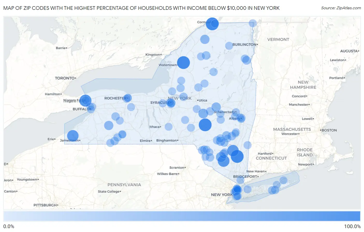 Zip Codes with the Highest Percentage of Households with Income Below $10,000 in New York Map