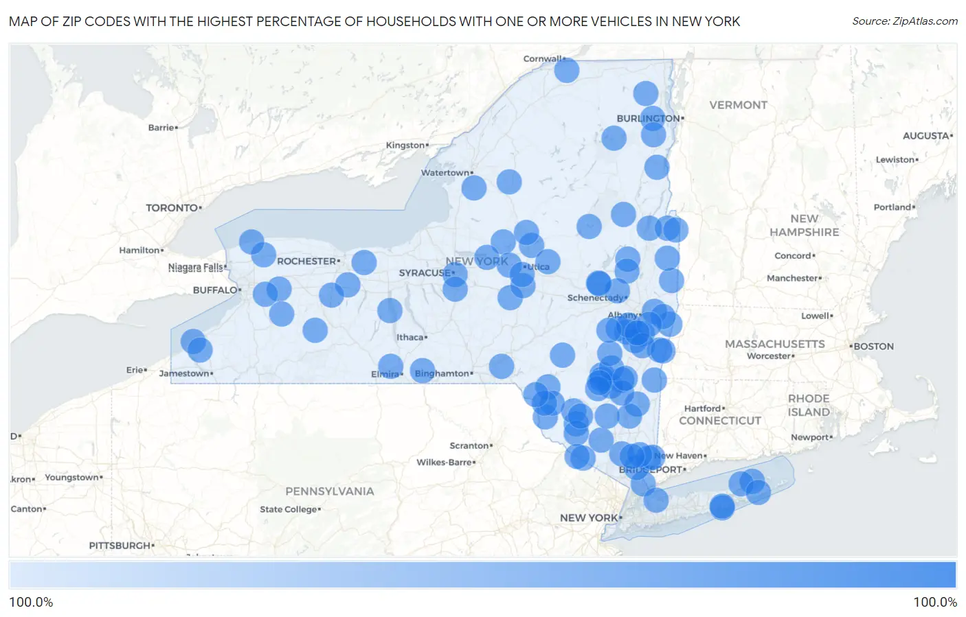 Zip Codes with the Highest Percentage of Households With One or more Vehicles in New York Map