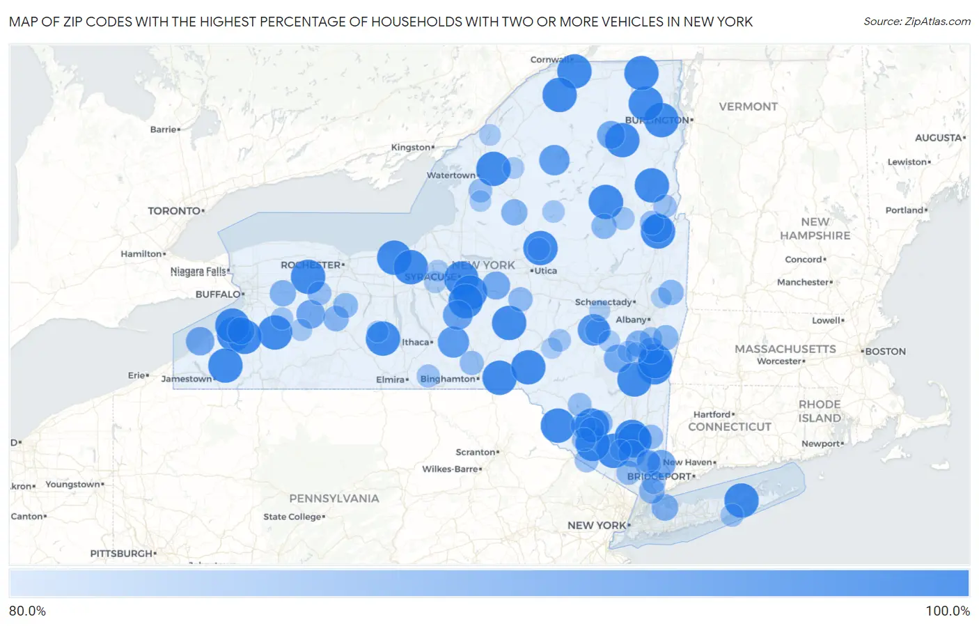 Zip Codes with the Highest Percentage of Households With Two or more Vehicles in New York Map