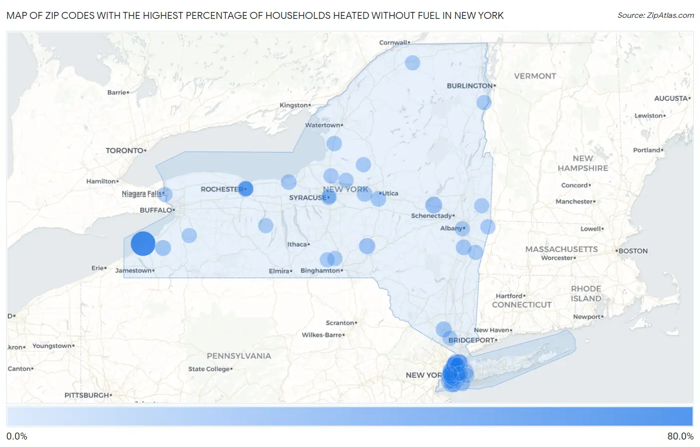 Zip Codes with the Highest Percentage of Households Heated without Fuel in New York Map
