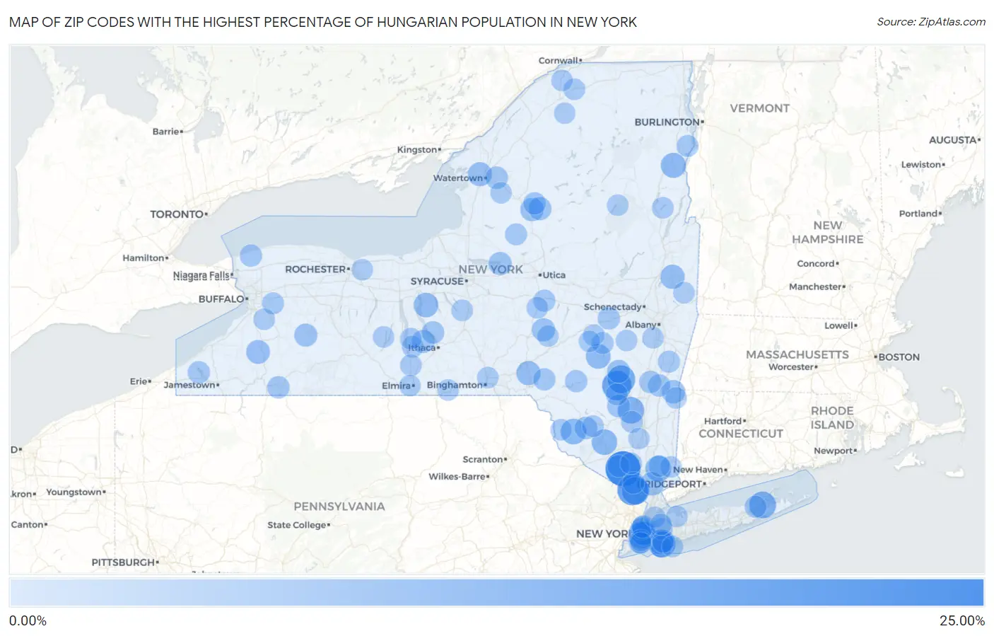 Zip Codes with the Highest Percentage of Hungarian Population in New York Map