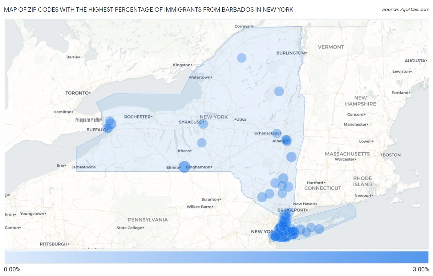 Zip Codes with the Highest Percentage of Immigrants from Barbados in New York Map