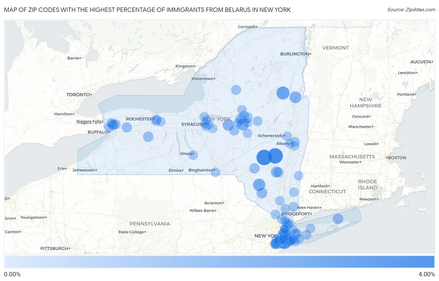Zip Codes with the Highest Percentage of Immigrants from Belarus in New York Map