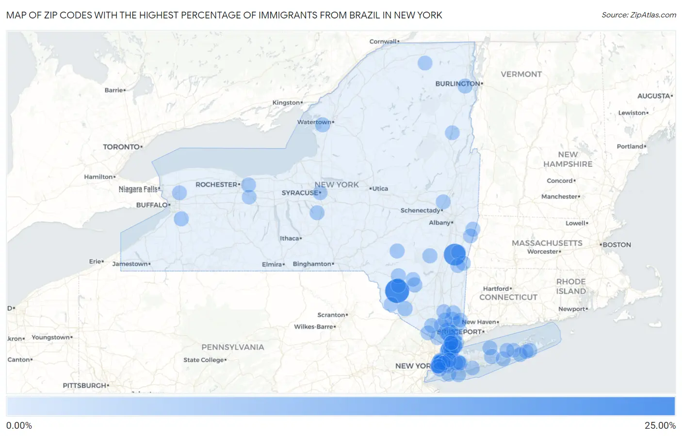 Zip Codes with the Highest Percentage of Immigrants from Brazil in New York Map