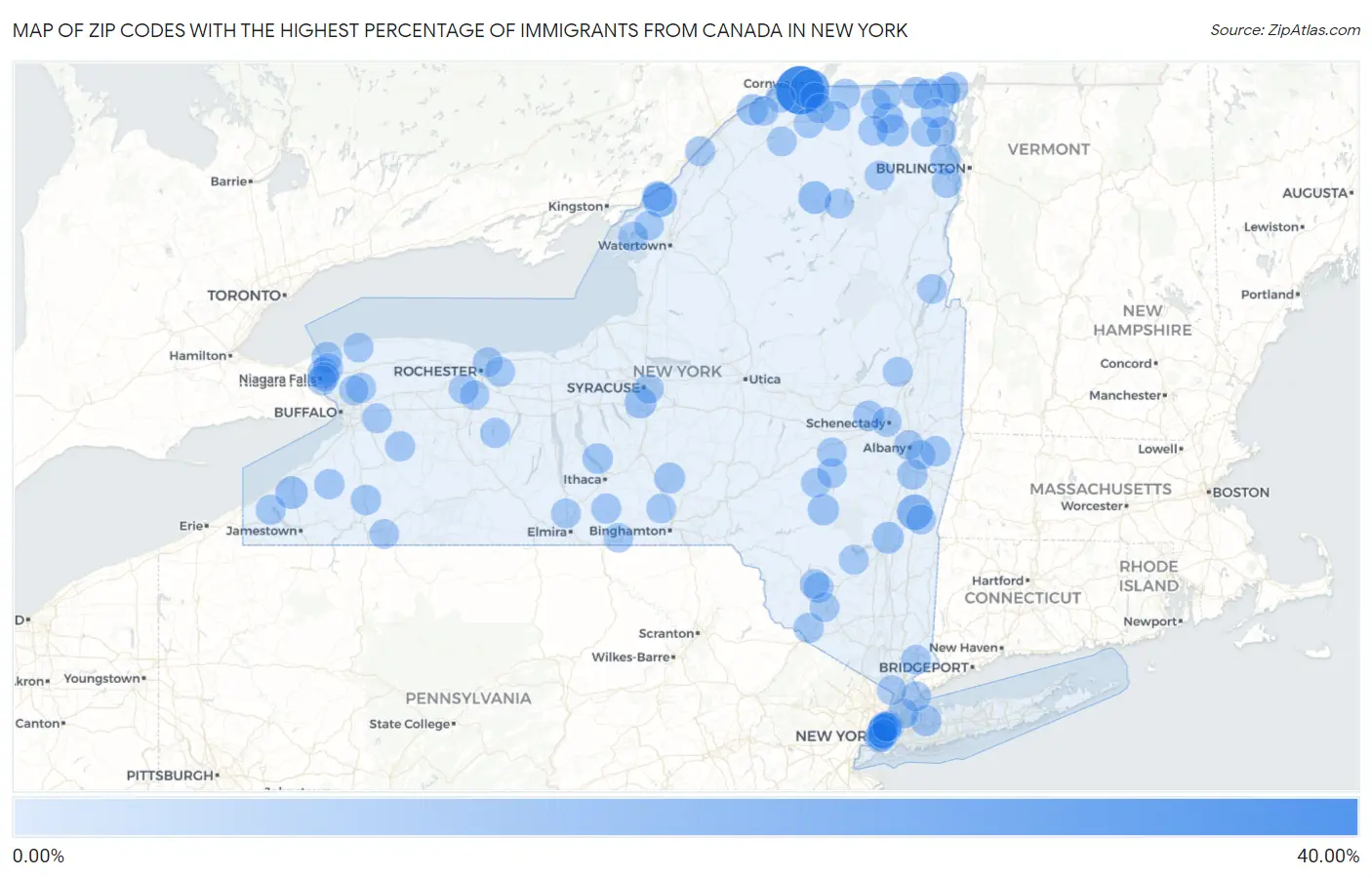 Zip Codes with the Highest Percentage of Immigrants from Canada in New York Map
