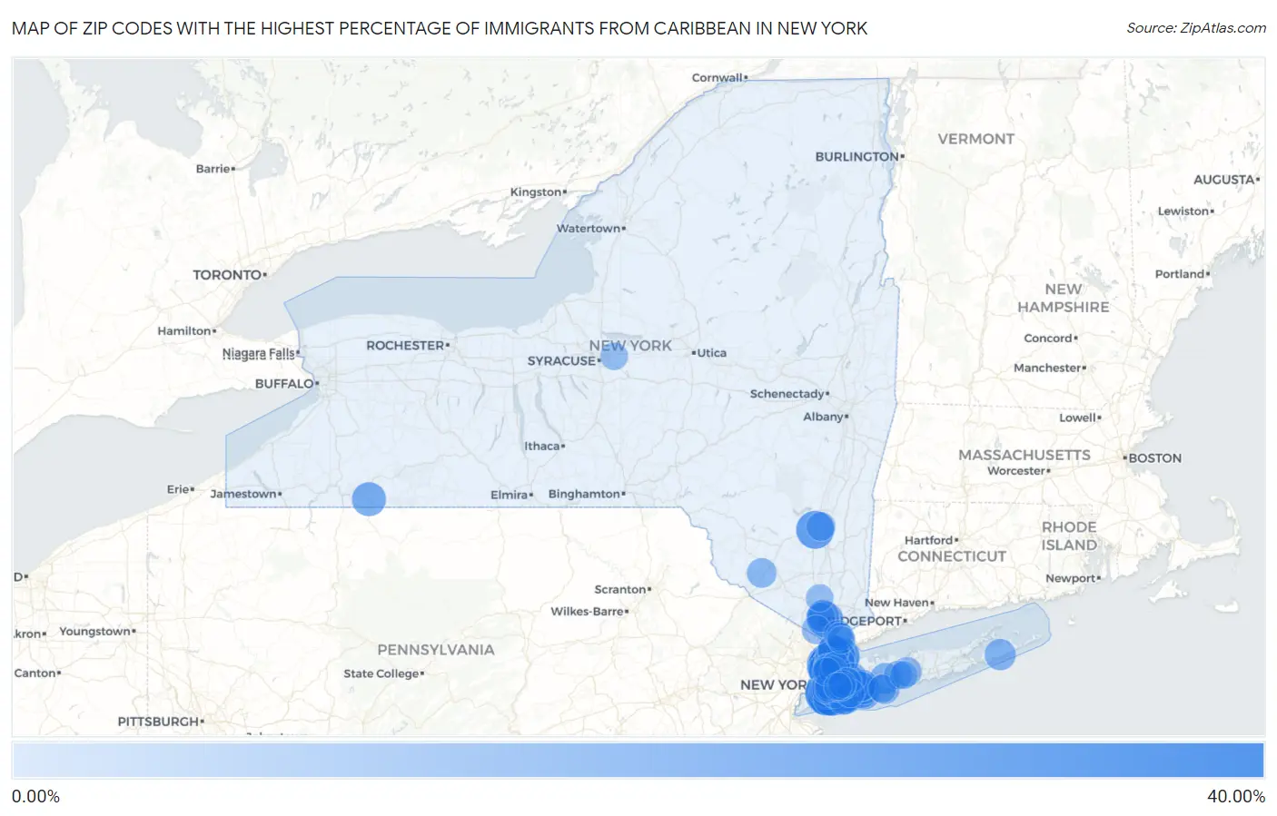 Zip Codes with the Highest Percentage of Immigrants from Caribbean in New York Map