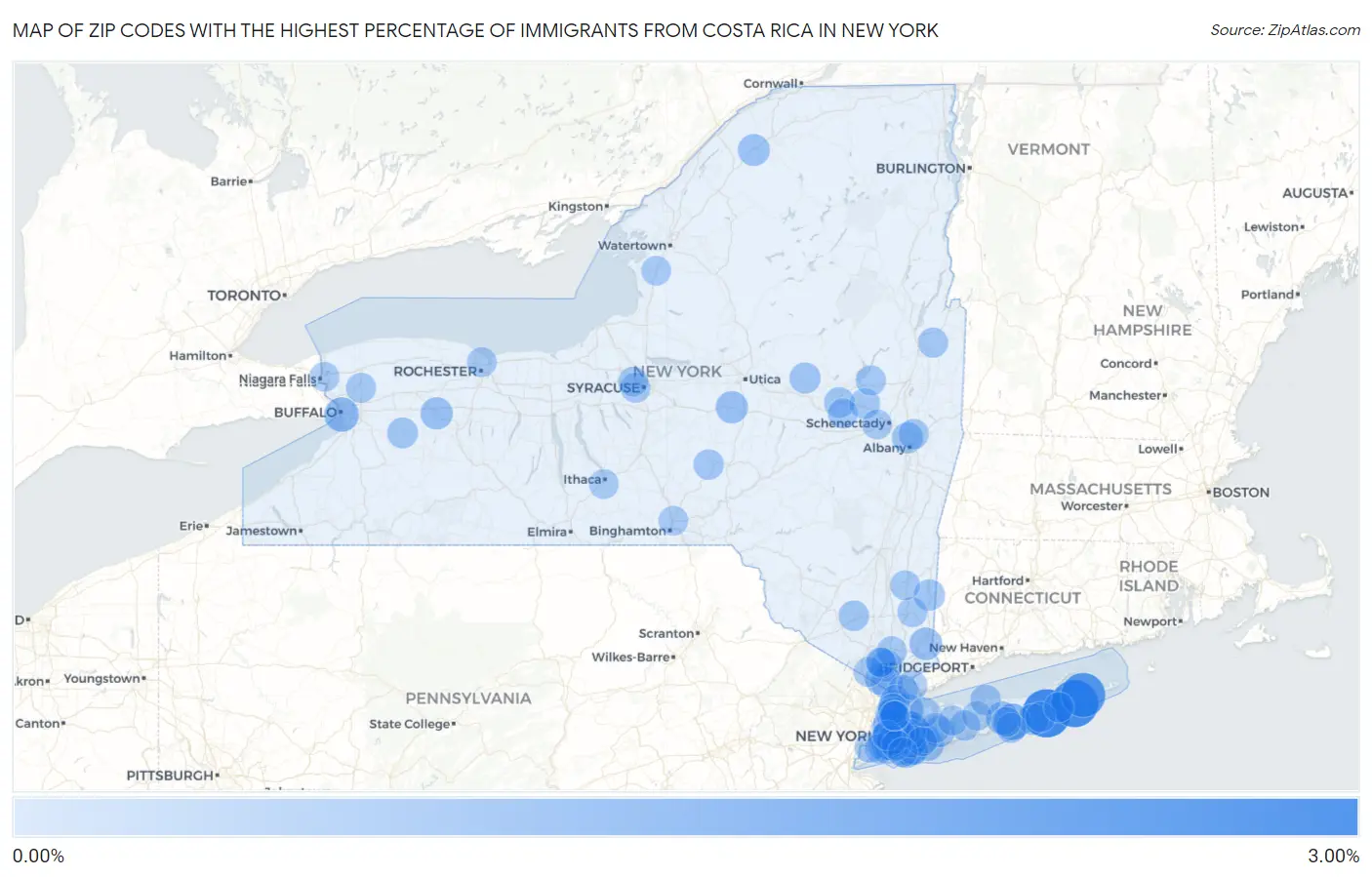 Zip Codes with the Highest Percentage of Immigrants from Costa Rica in New York Map