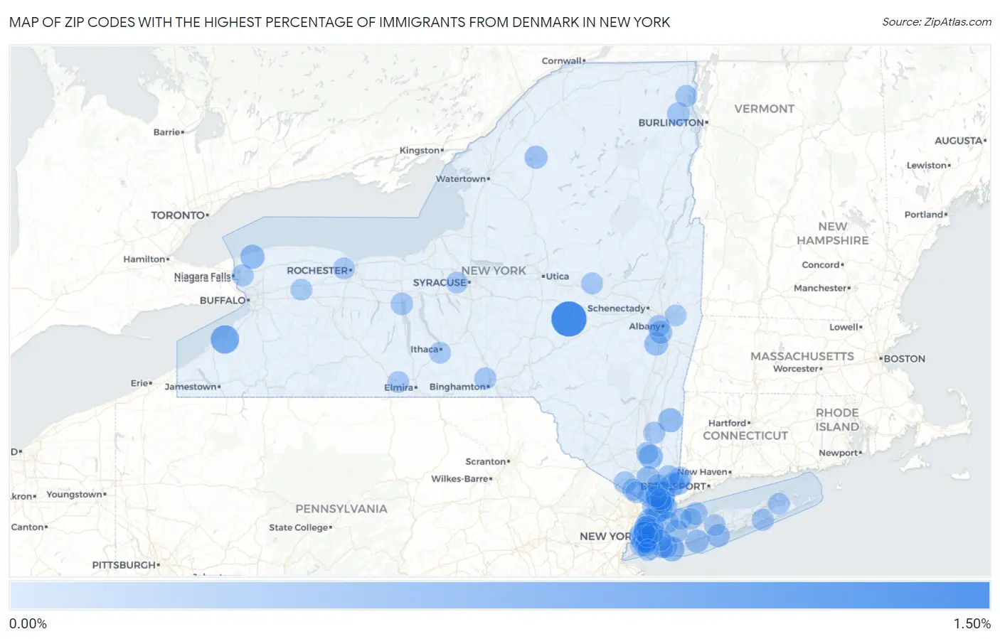 Zip Codes with the Highest Percentage of Immigrants from Denmark in New York Map