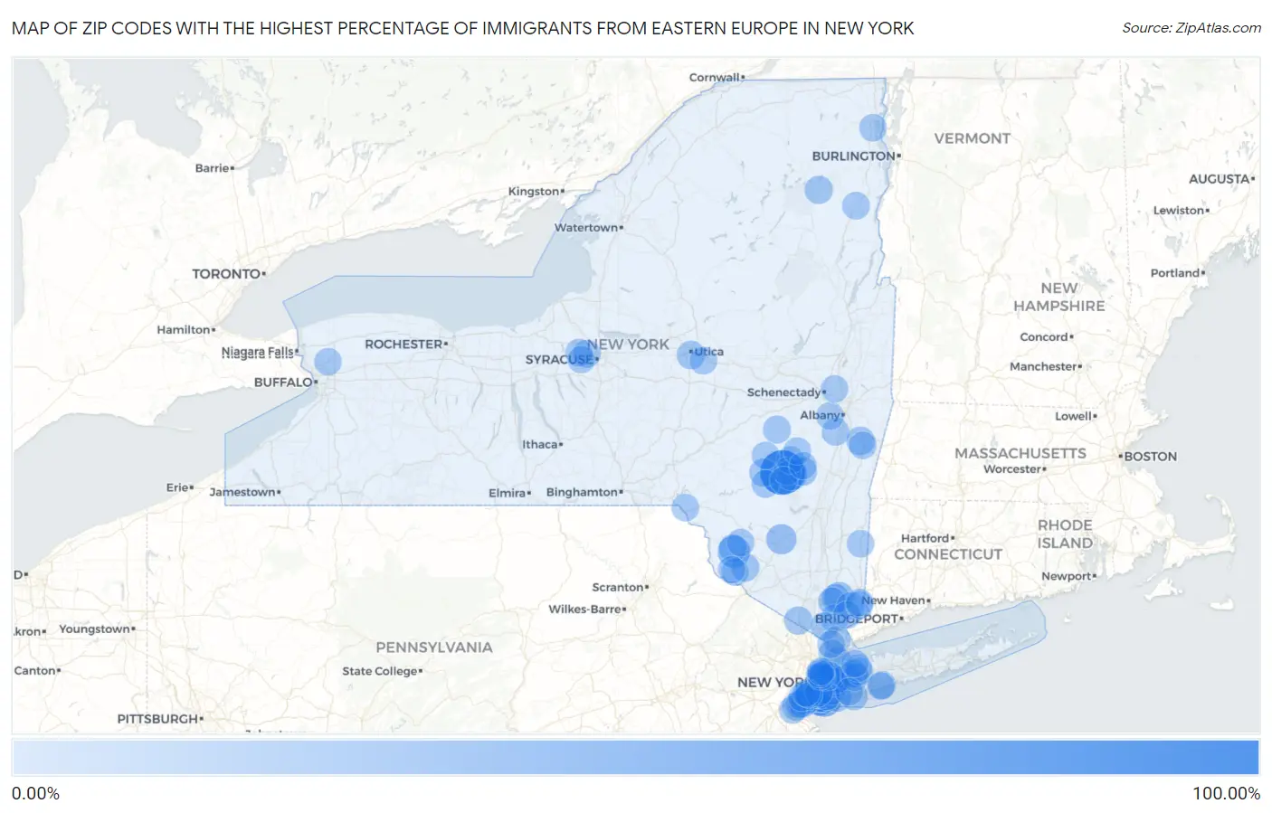 Zip Codes with the Highest Percentage of Immigrants from Eastern Europe in New York Map