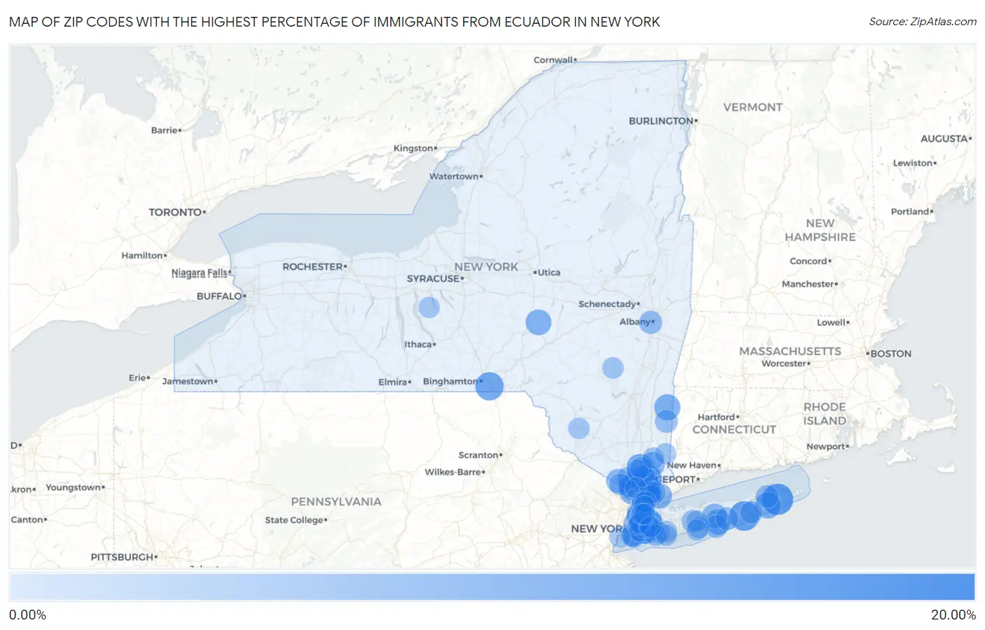 Zip Codes with the Highest Percentage of Immigrants from Ecuador in New York Map