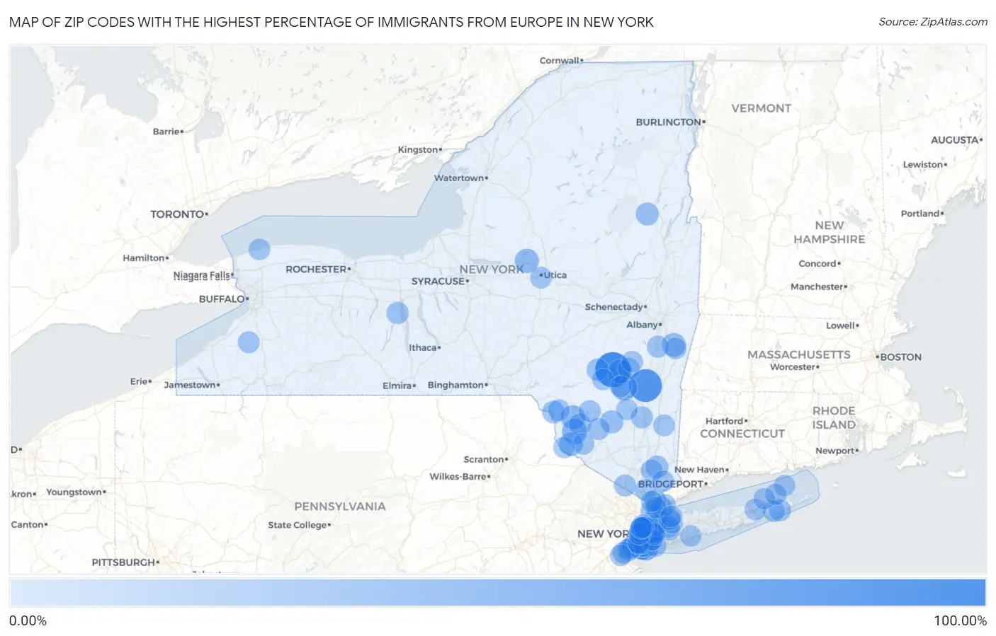 Zip Codes with the Highest Percentage of Immigrants from Europe in New York Map