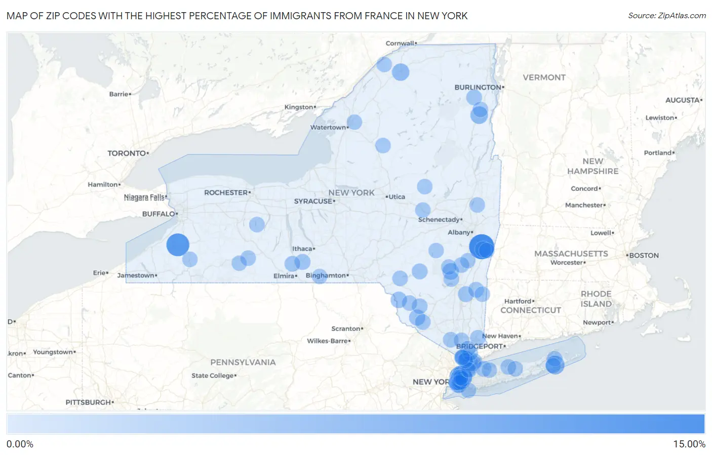 Zip Codes with the Highest Percentage of Immigrants from France in New York Map